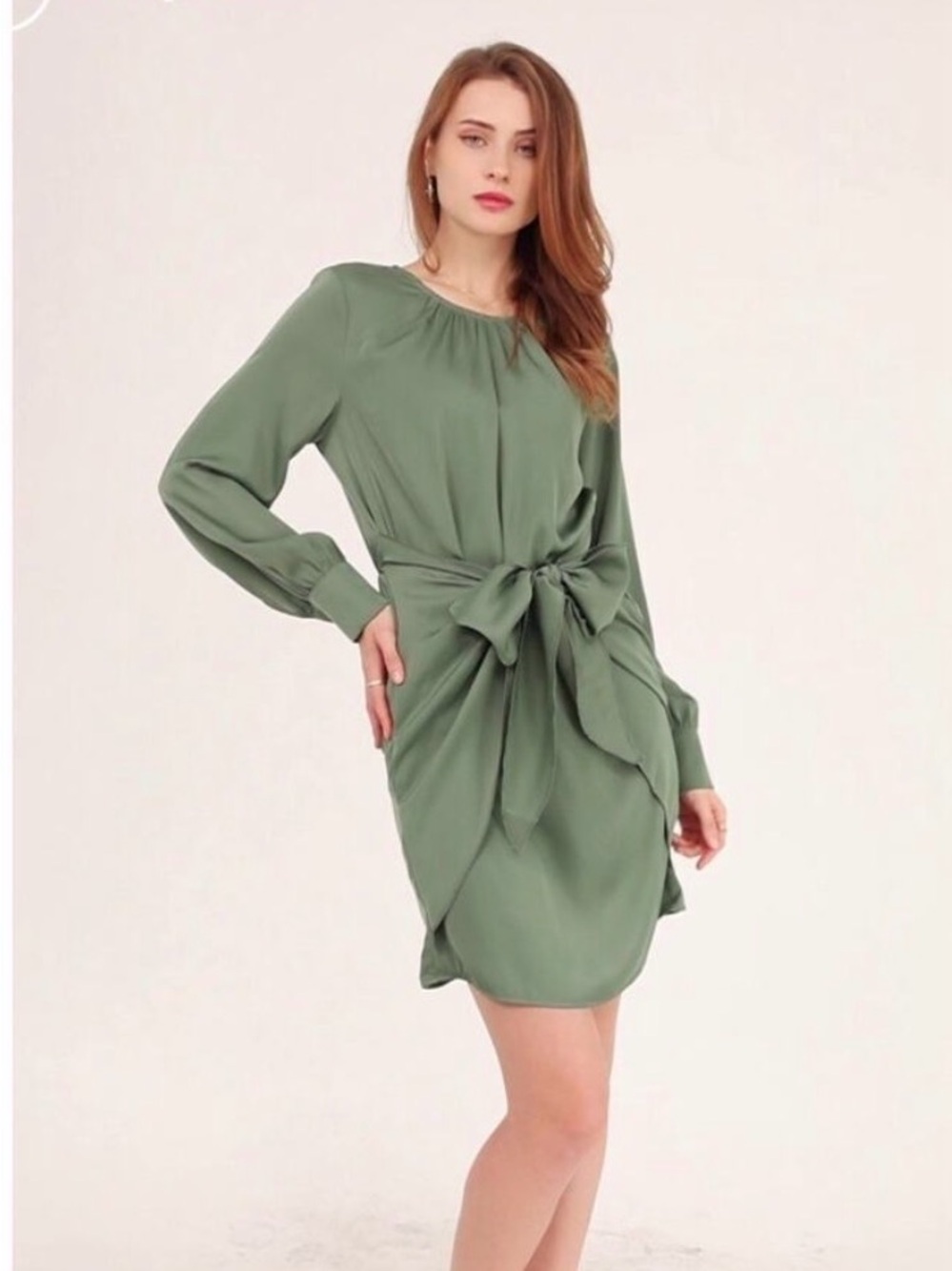 Sage Green Long-Sleeve Tie-Waist Dress Polyester Satin Cocktail Mini